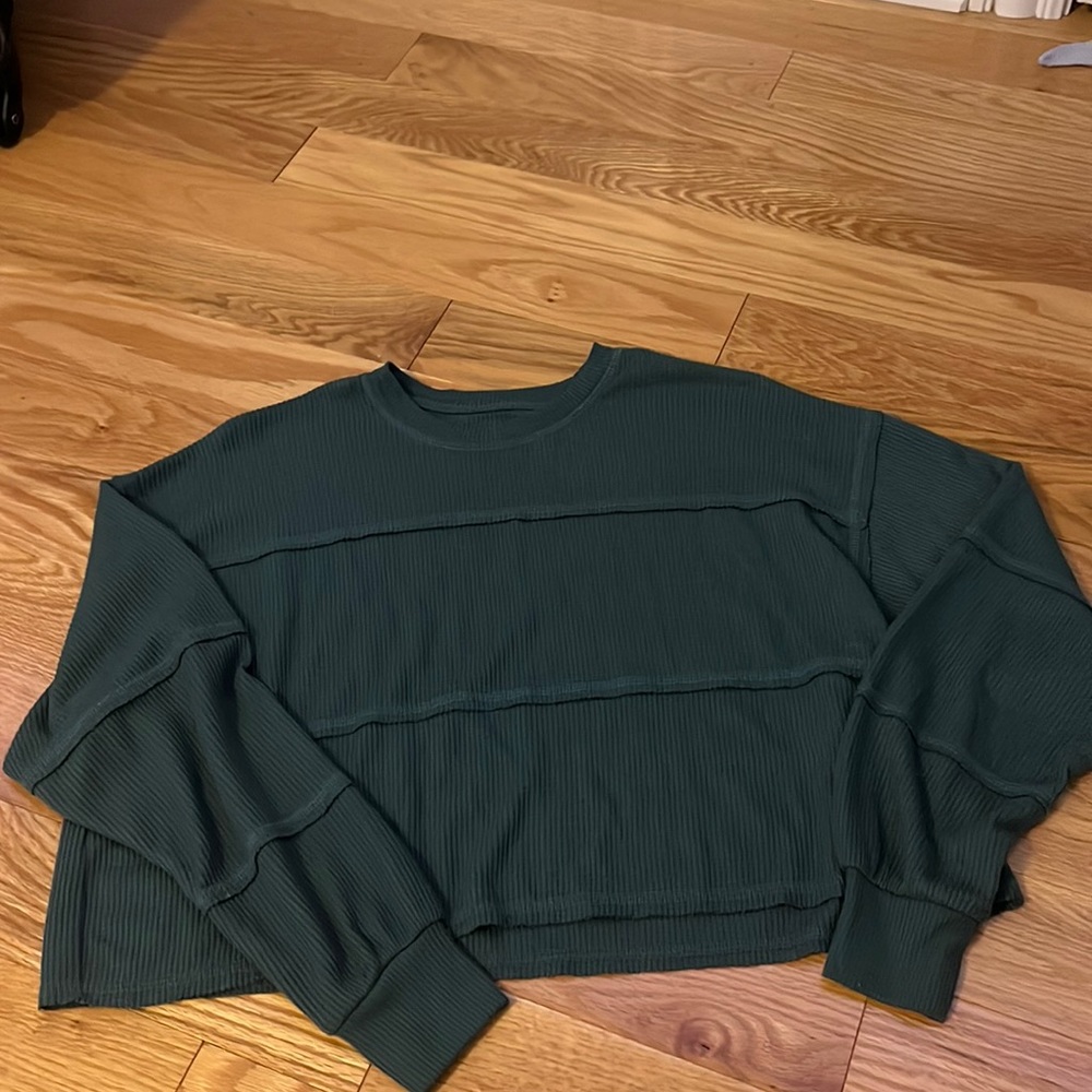 Green Waffle Lined Cropped Long Sleeve